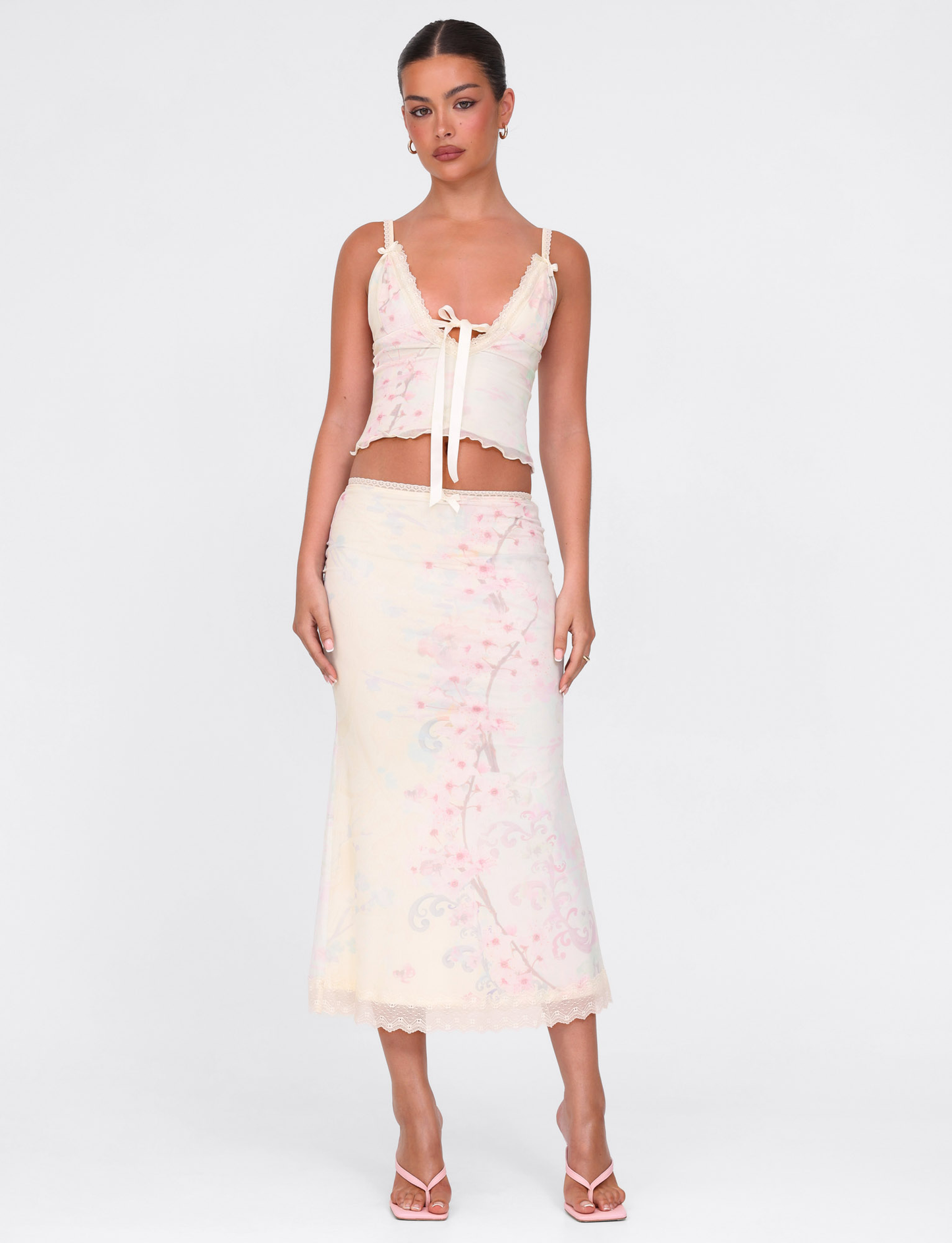 LONIE MIDI SKIRT - NEUTRAL : FLORAL : WASHED CHERRY BLOSSOM