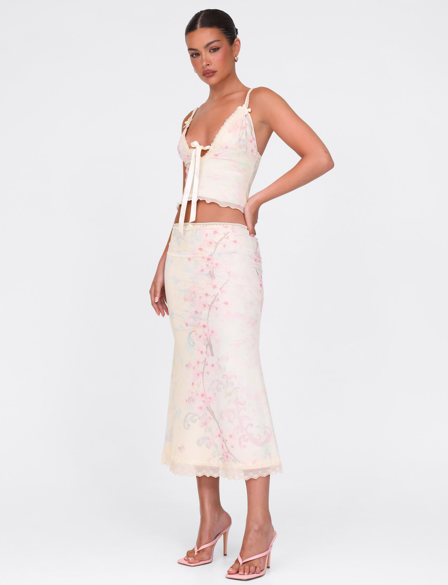 LONIE MIDI SKIRT - NEUTRAL : FLORAL : WASHED CHERRY BLOSSOM