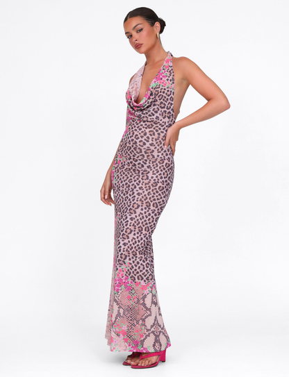 CATALINA MAXI DRESS - NEUTRAL : ANIMAL : ANIMAL FLORAL BORDER