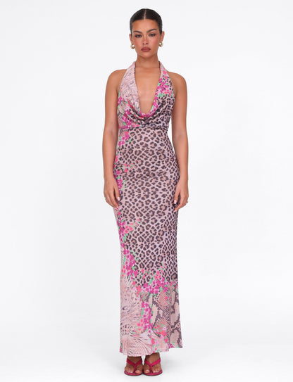 CATALINA MAXI DRESS - NEUTRAL : ANIMAL : ANIMAL FLORAL BORDER