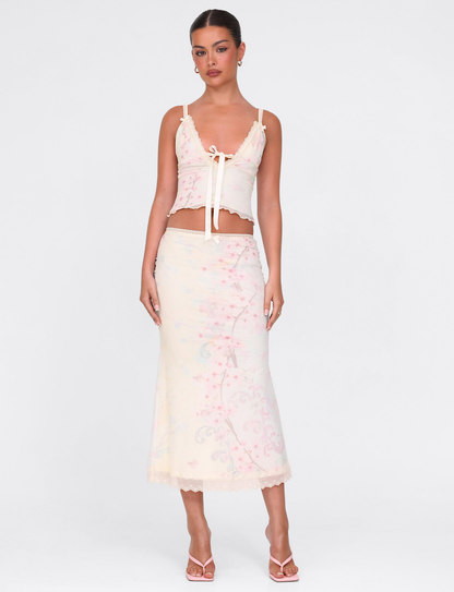 LONIE MIDI SKIRT - NEUTRAL : FLORAL : WASHED CHERRY BLOSSOM