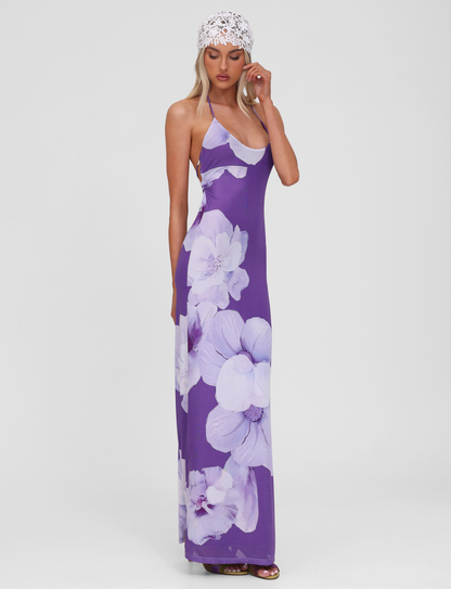 NOUR MESH MAXI DRESS - PURPLE MACRO FLORAL