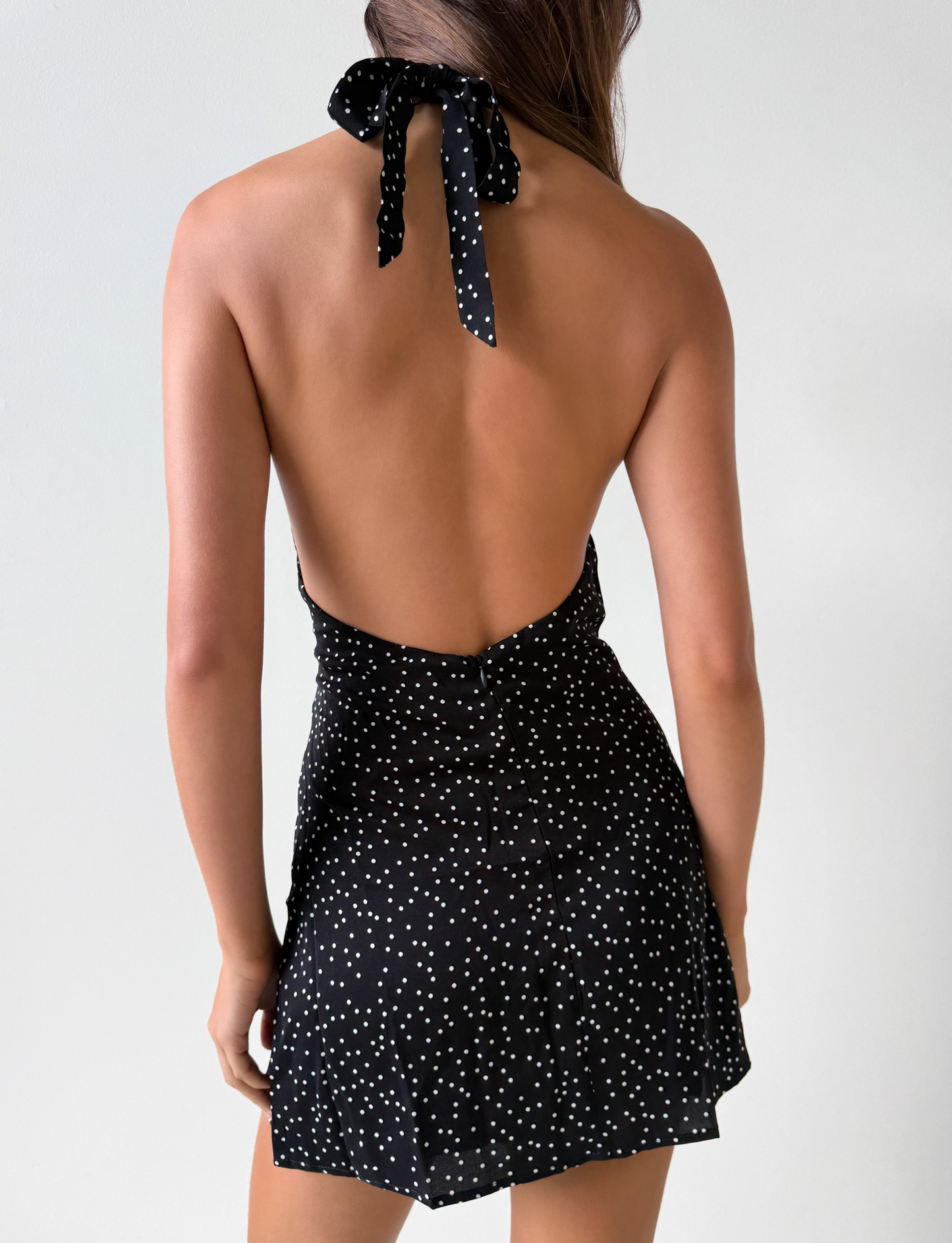 DYLAN HALTER MINI DRESS - BLACK POLKA