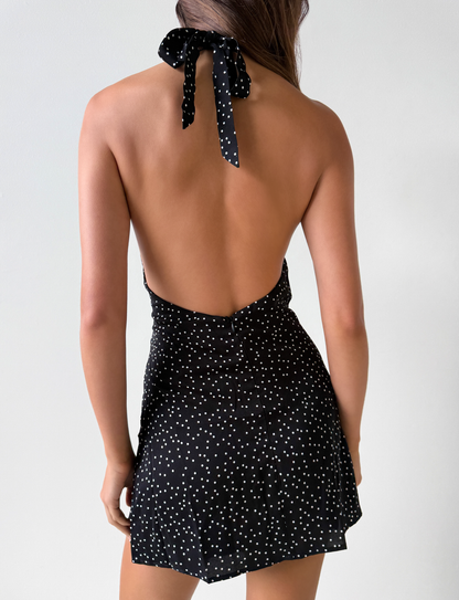 DYLAN HALTER MINI DRESS - BLACK POLKA